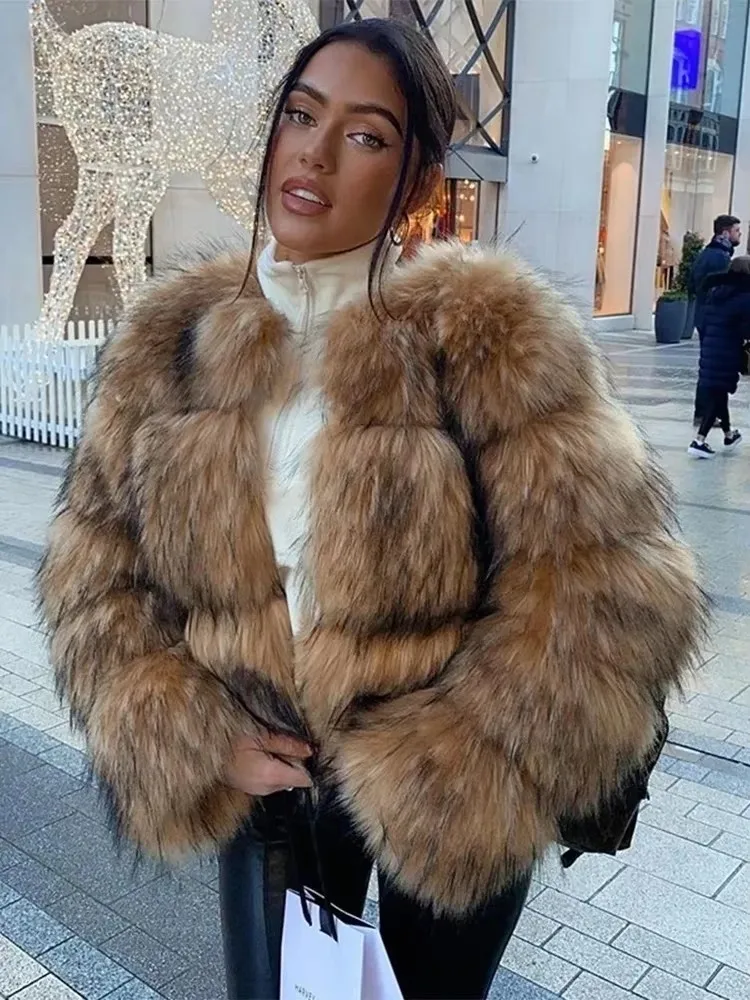 Winter Women Fashion Faux Raccoon Fur Coat Luxury Short Fluffy Fur Jacket Outerwear Women Fuzzy Coat Overcoat