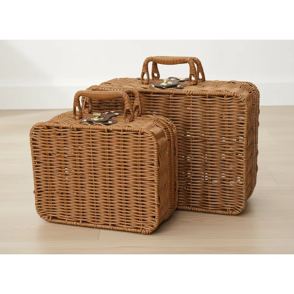

Vintage Rattan Storage Box with Metal Lock, Wicker Picnic Basket for Travel Camping Outdoor Party Makeup Organizer