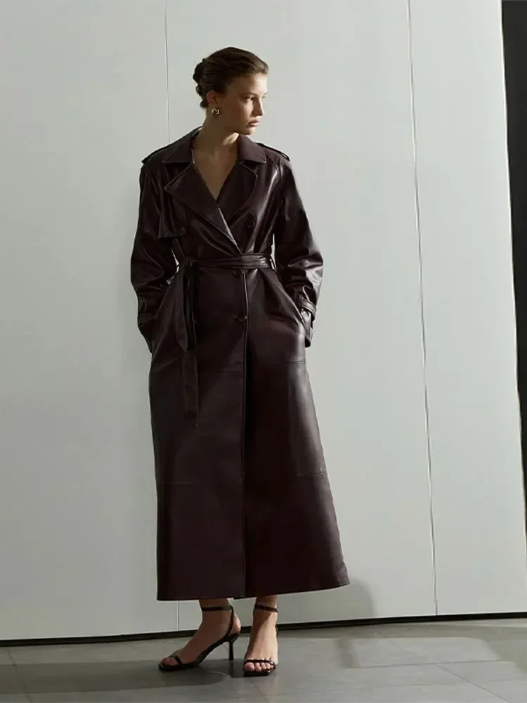 Cappotto lungo in pelle PU con cintura tascabile solida per donna Cappotto lungo con risvolto doppio petto a maniche lunghe Capispalla invernale da donna High Street