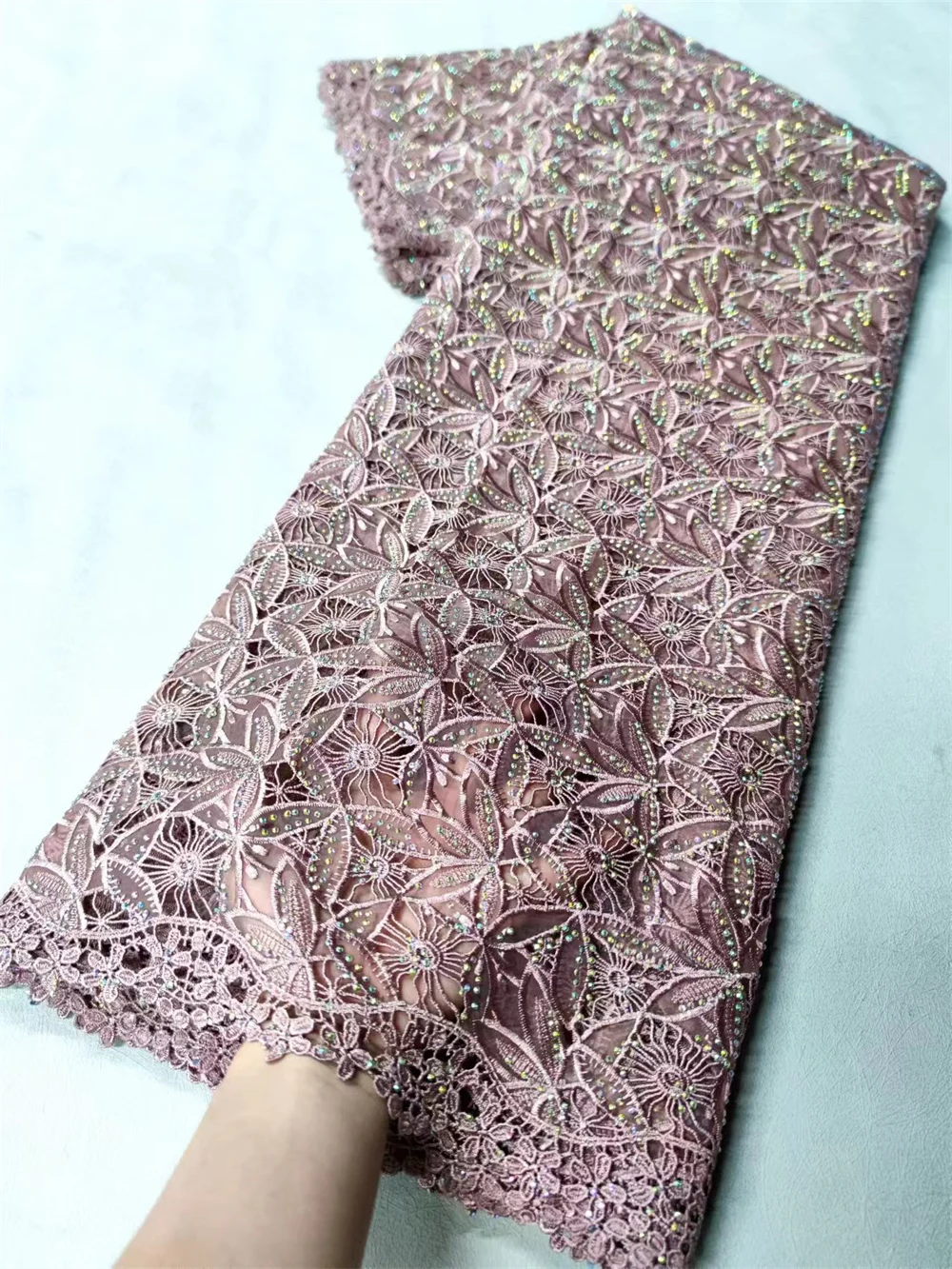 Pink  High Quality African Guipure Cord Lace Fabric Nigerian Tricolor Water Soluble Lace Stones for Sewing Women Dresses