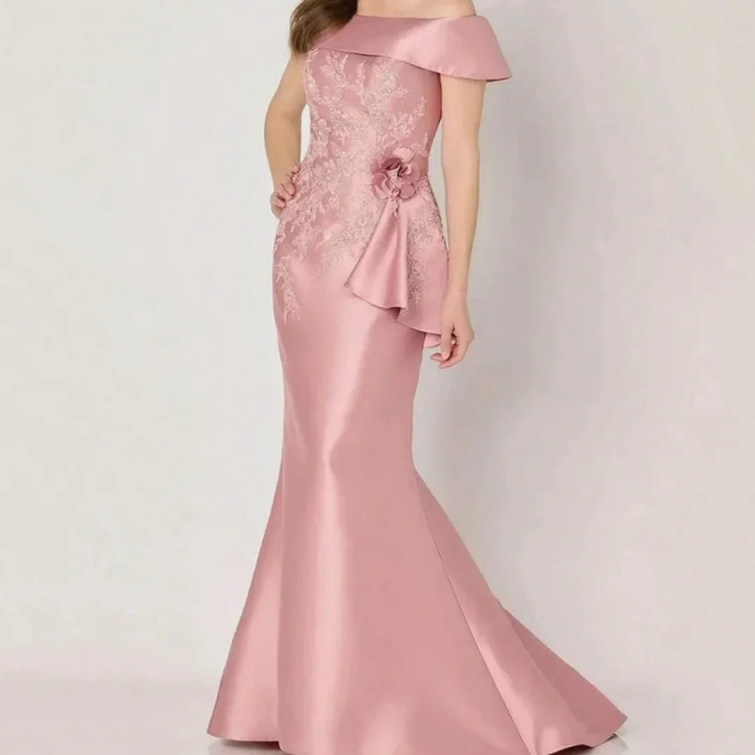 

Elegant Pink Long Mother Of The Bride Dress Prom Gown Lace Appliques Off-Shoulder Mermaid Wedding Party Wear Customized