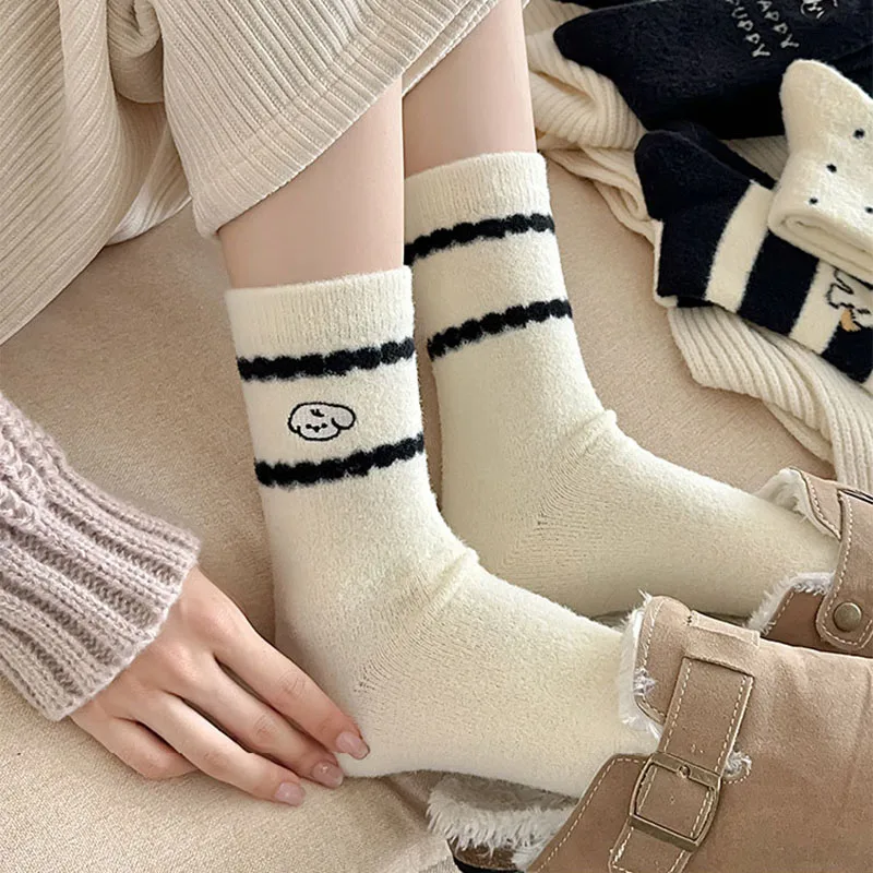 Autumn Winter Socks Breathable Womens Mid-tube Hose With Plush Thickened Mink Velvet Cute Cartoon Warm Stockings