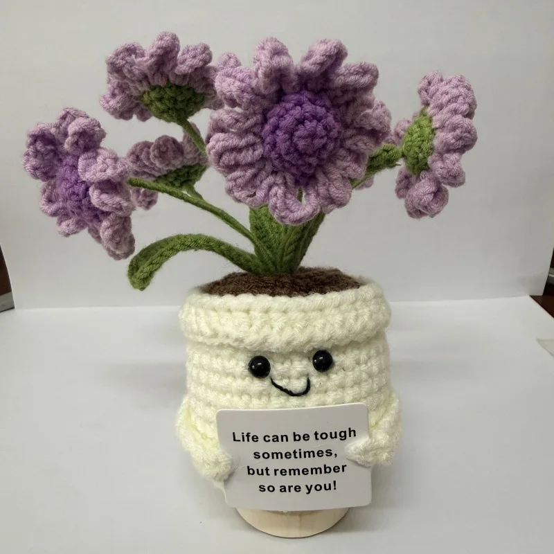New Cute Crochet Flower Ornament - Handmade Potted Sunflower Tulip Positive Energy Desktop Decor Wedding Guest Gift