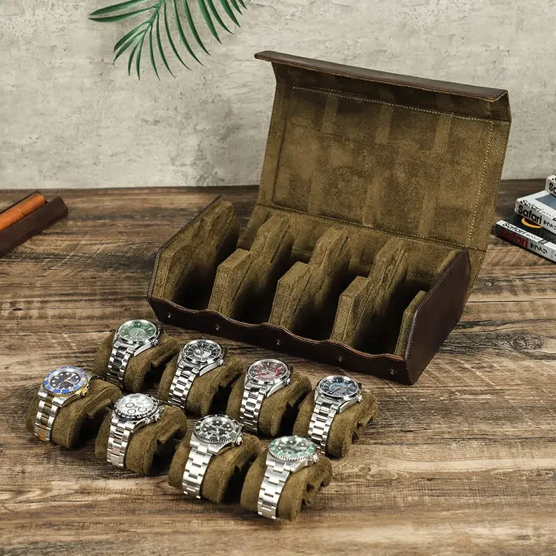 Handmade Leather Watch Box for 8 Slots, Vintage Diamond Pattern Display Case, Portable Organizer for Men's Watch Collection
