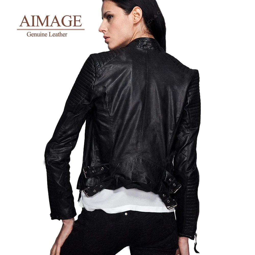 Chaqueta de cuero genuino para mujer, abrigos de piel de oveja Real con cuello levantado, abrigos a rayas para motociclista, Primavera, PY004