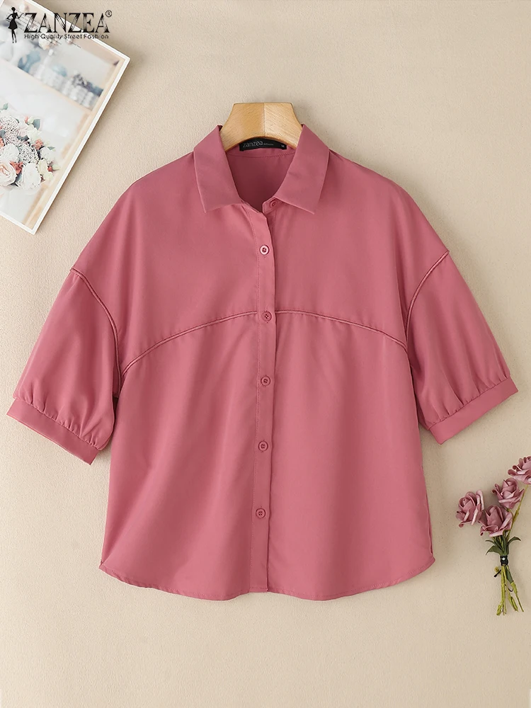 

ZANZEA Summer Elegant Short Sleeve Office Shirts Women Solid Work OL Blouse Lapel Neck Blusas Casual Buttton Tunic Tops Oversize