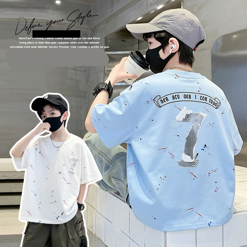 

2026 New Summer Tweens Boy Printed Short Sleeve T-shirt Outfits Kids Children Fashion Cotton Tshirt with Drawings Casual Tee Top
