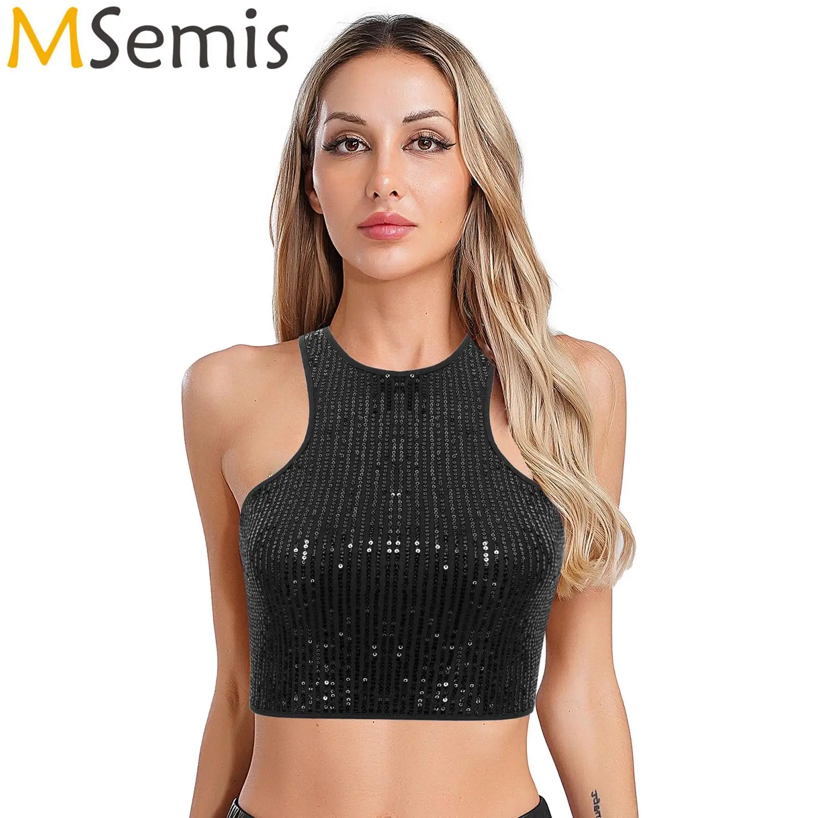 

Womens Glitter Sequin Slim Fit Vest Crop TopsRacer-back Crew Tank Tops Neck Vintage Streetwear Rave Party Festivals Clubwear