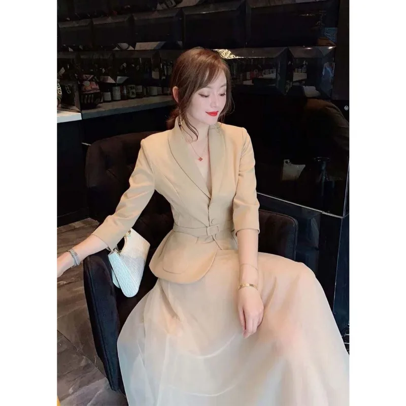 New High Quality Autumn Korean Fashion Women's Suit Elegant Slim Lapel Long Sleeve Blazer + High waist Mesh Skirt Two Piece Set