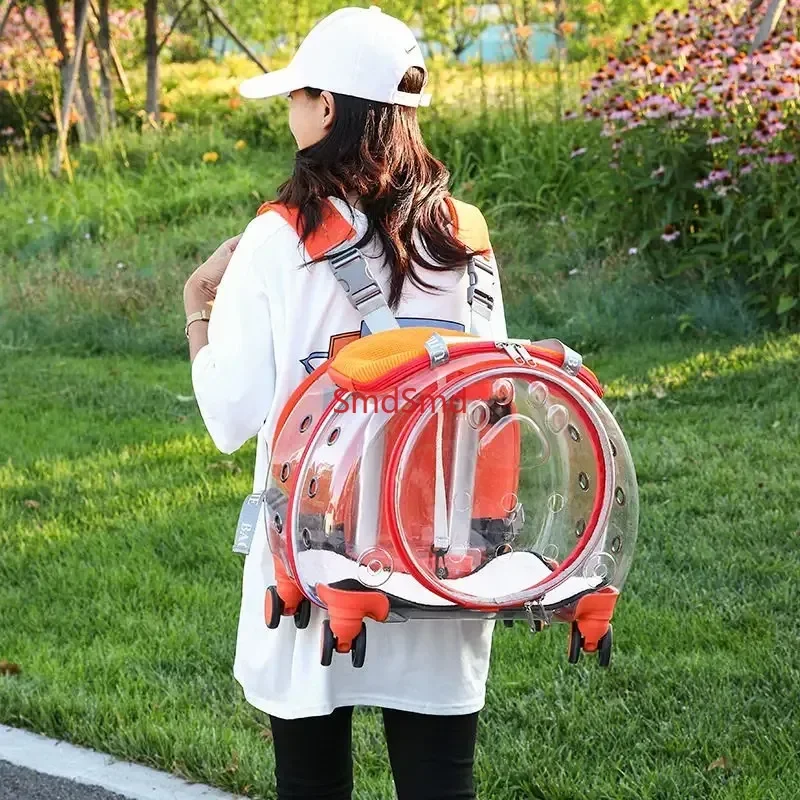 Pet Travel Trolley Case, Transparent Breathable Rolling Backpack Pet Carrier, 2 in 1 Wheeled Luggage Bag for Small Cats Dogs