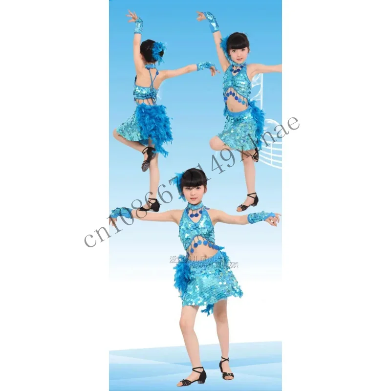 Gaun anak-anak, anak-anak perempuan, pakaian Latin Samba, gaun bulu Ballroom, kostum dansa payet CM