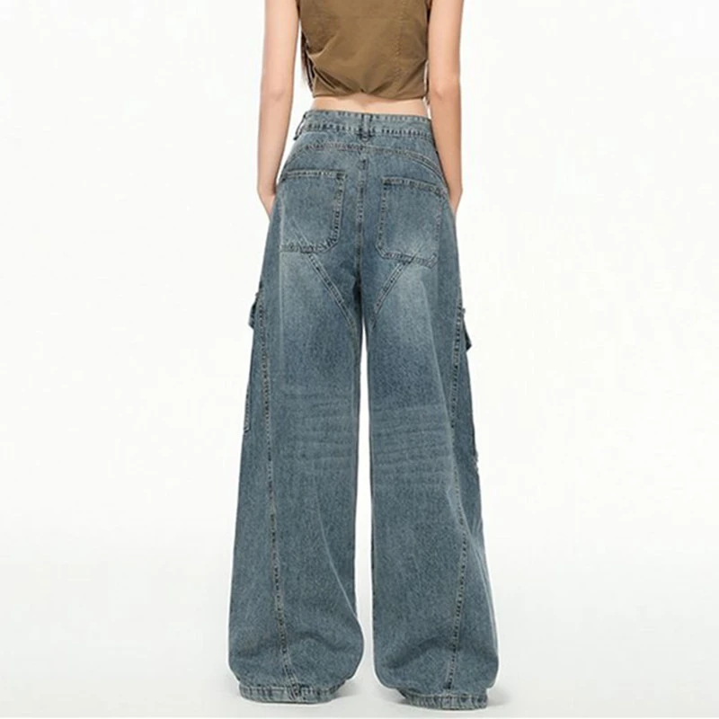 FINEWORDS Retro Casual Korean Jeans Women Streetwear High Waist Jean Easymatch Full Length Wide Leg Denim Baggy Pants