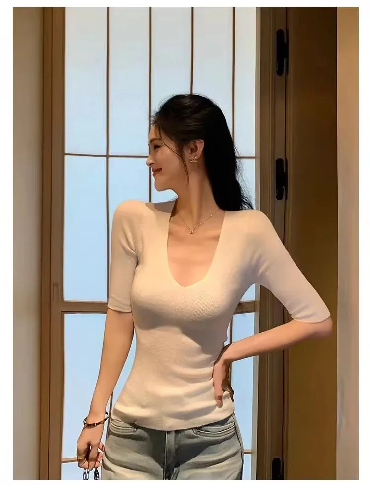 Suéter básico de primavera y otoño para mujer, jersey 100% de lana merino, cuello en V profundo, manga media, ajuste ceñido, prenda interior sexy de punto