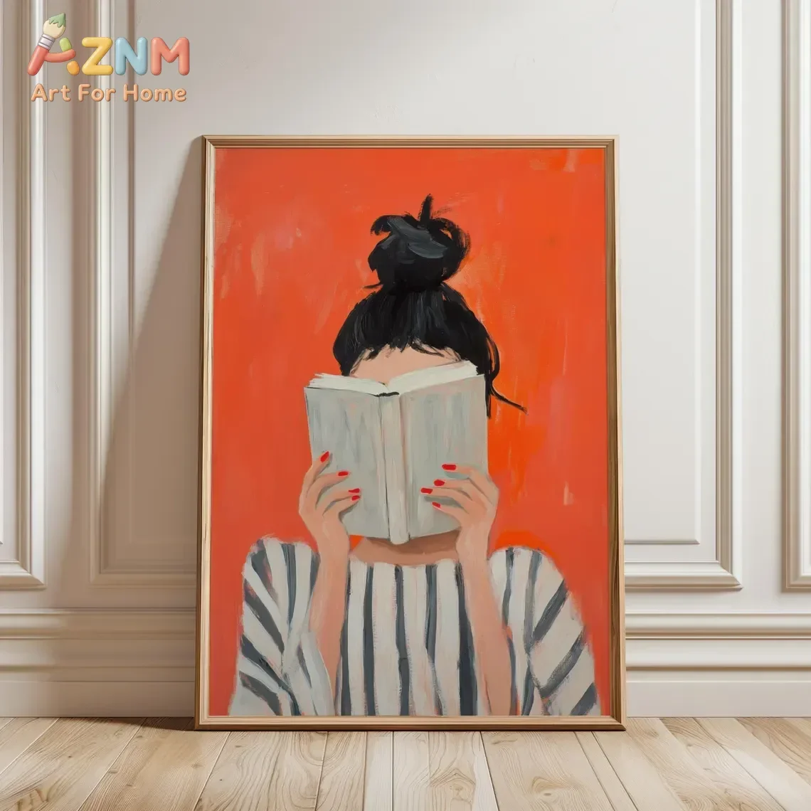 AZNM Orange Background Woman Reading Book Canvas Wall Art, Messy Bun Girl Striped Shirt Oil Painting Print, Book Lover Trendy Po