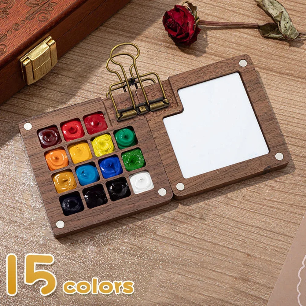 Portable Travel Watercolor Empty Palette 8/15 Grids Mini Walnut Painting Box Sketchbook Student Art Supplies (Without Colors)