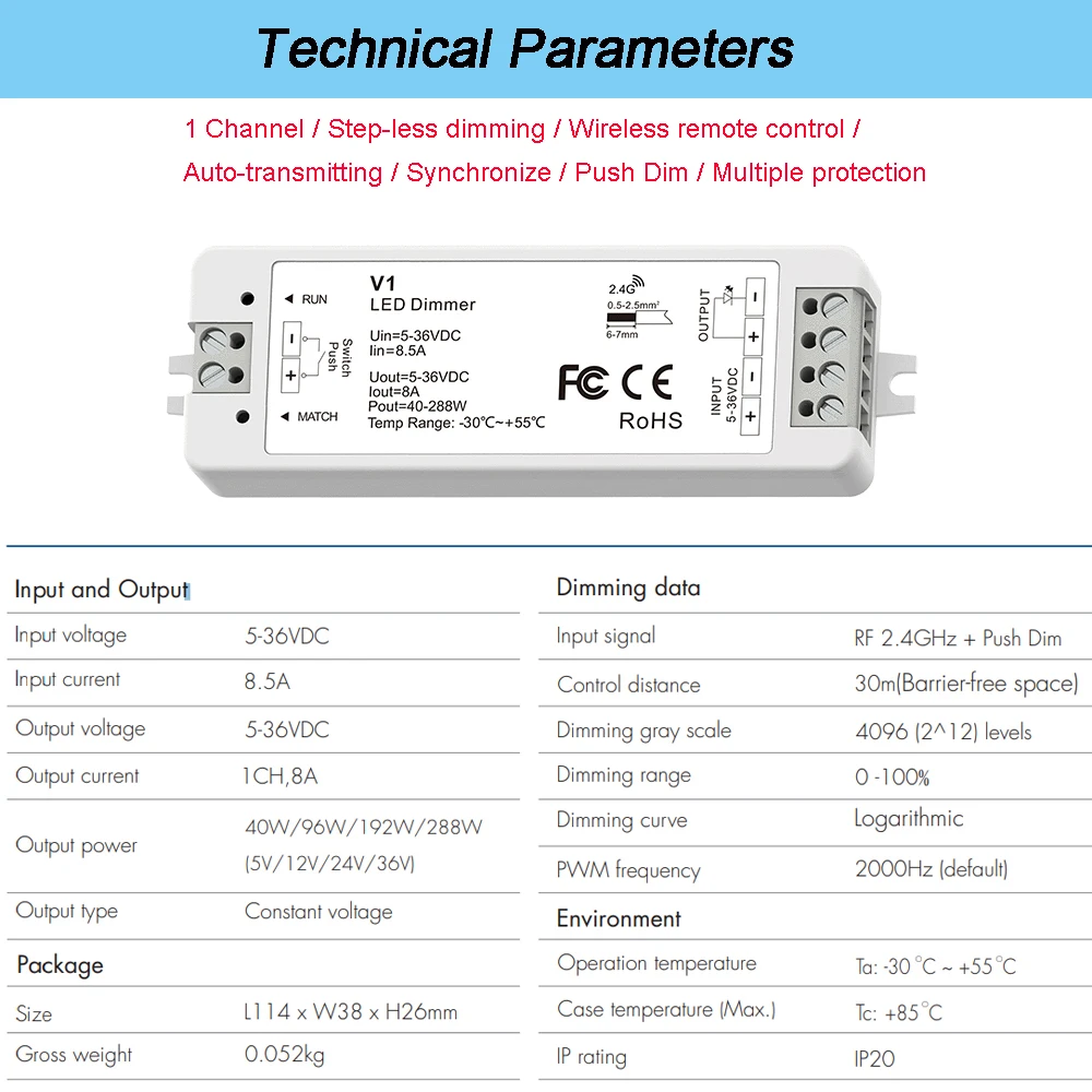 Imagem -02 - Dimmer Led 12v 24v 5v 36v 288w Pwm Interruptor de Controle Led sem Fio com 2.4g rf Brilho Toque Remoto para Luz de Tira de Cor Única