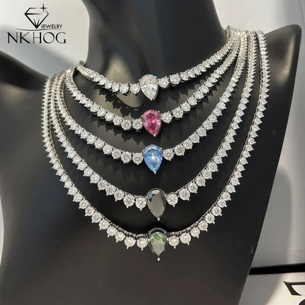 

NKHOG 4CT Pear Cut Moissanite Tennis Necklaces For Women 925 Sterling Silver Colorful Lab Diamond Chains Wedding Gifts Jewelry