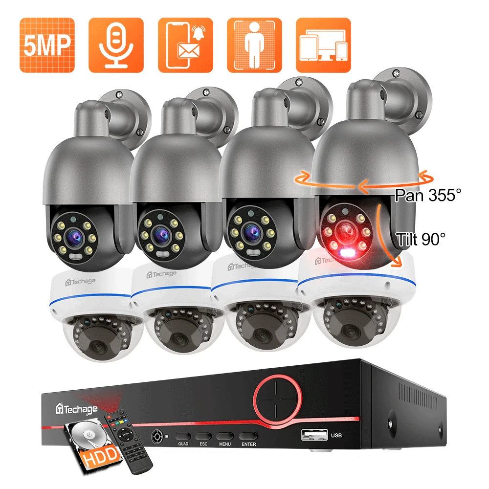 

Система видеонаблюдения Techage 8CH 5MP PoE CCTV с PTZ-камерами, двусторонней аудиосвязью, H.265, PoE NVR, для наружного видеонаблюдения, XMeye