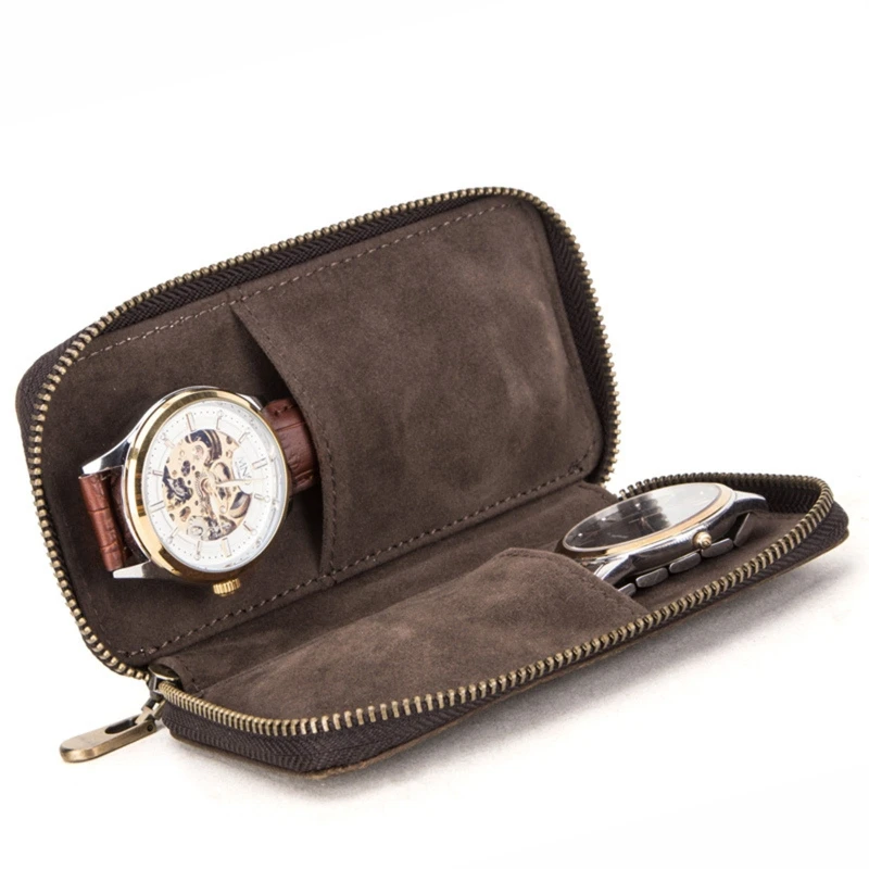 Rustic Leather 2-Slot Watch Box Luxury with Zipper Portable Bag Holds Watches Brown Watch Bag