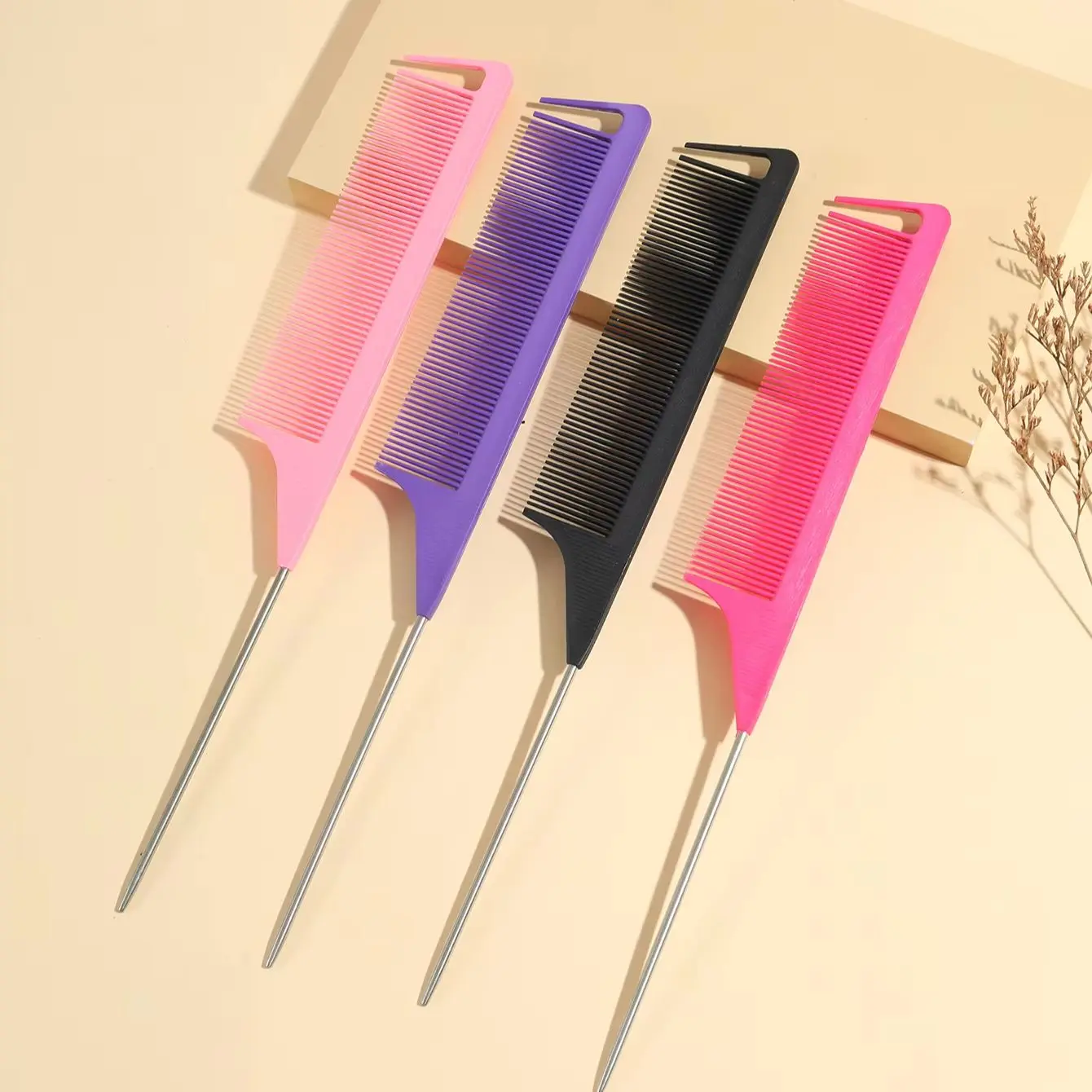 Professional Pointed Tail Hair Comb, Stainless Steel Handle, Anti-Static, Suitable for Salon and Home for Hair Accessories