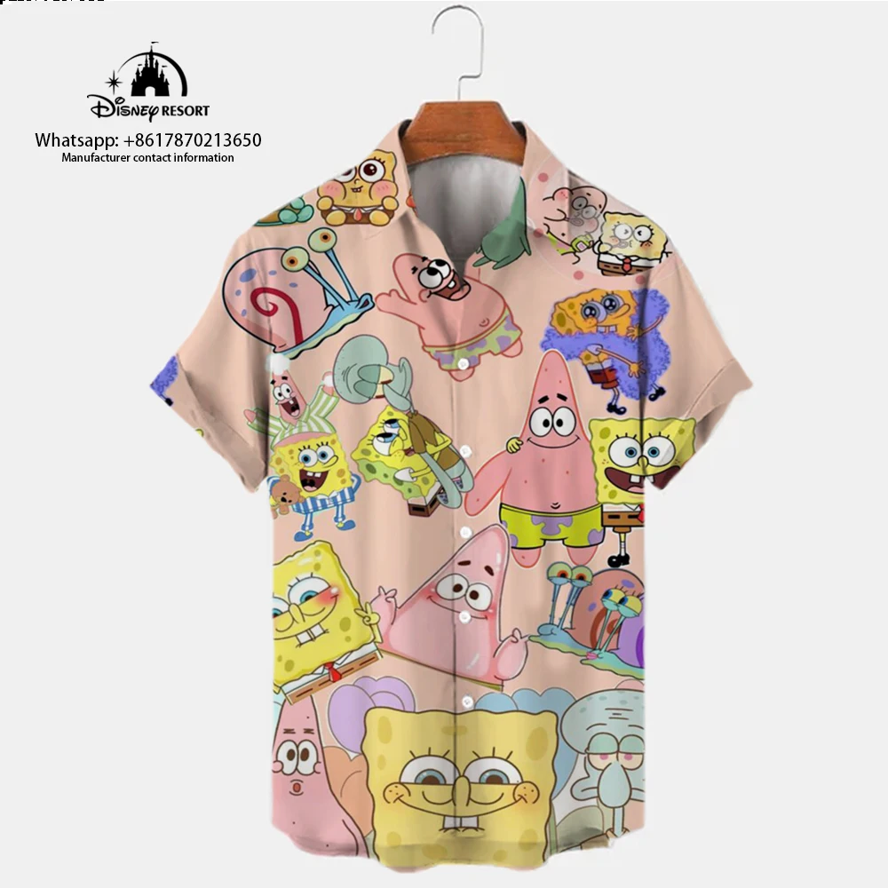 Summer Fashion 2024 New Harajuku Street Spongebob Cartoon Casual Trend Versatile Men's Lapel Short Sleeve Shirt Top