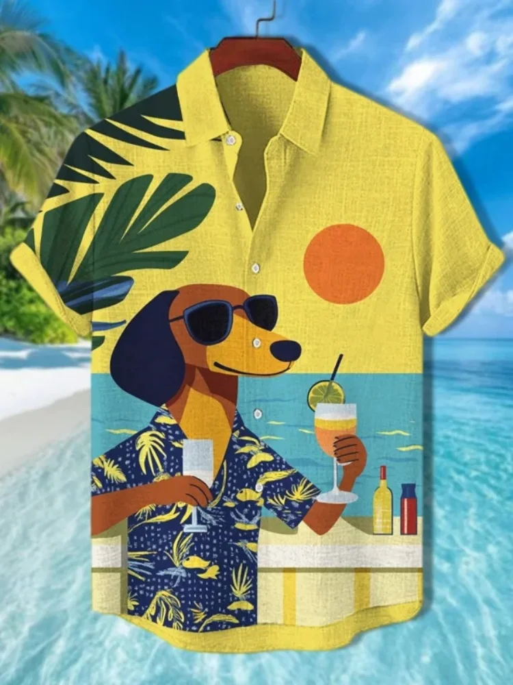 Men's Bohemian Summer Tops Blouse Vintage Dachshund Drinking Cocktail International Dog Day Vacation Art Print Casual Shirt