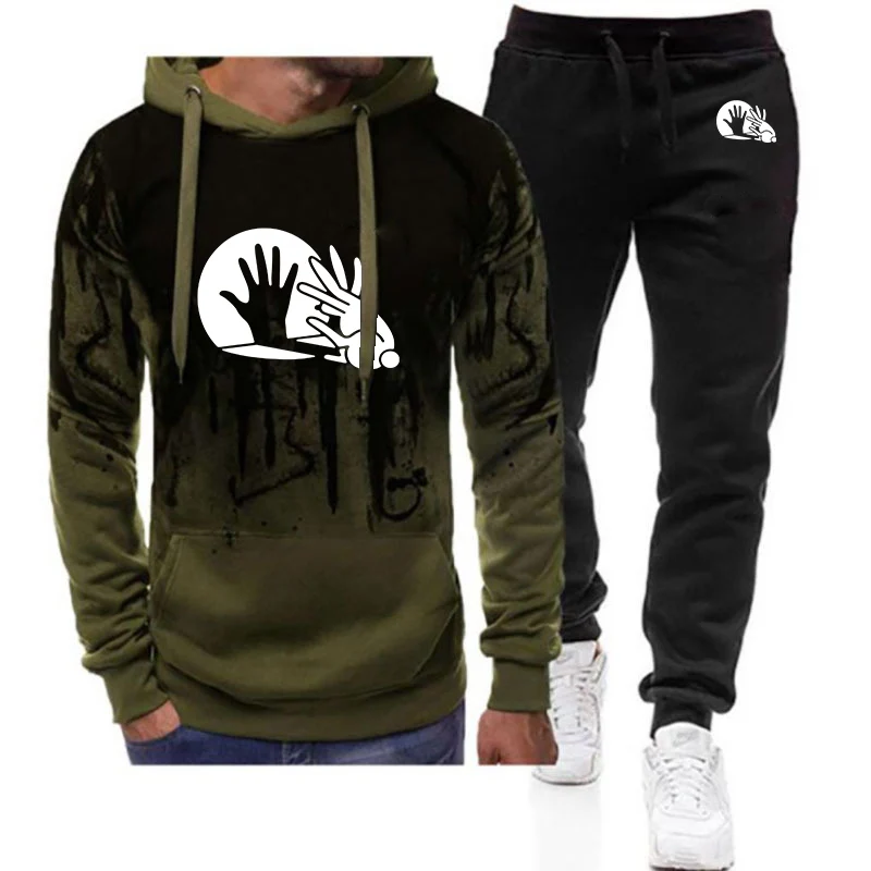 

Funny palm shadow Print 2026 Spring And Autumn Men's New Harajuku Gradient Color Drawst Pocket Hooded + Pants Two Piece Suit
