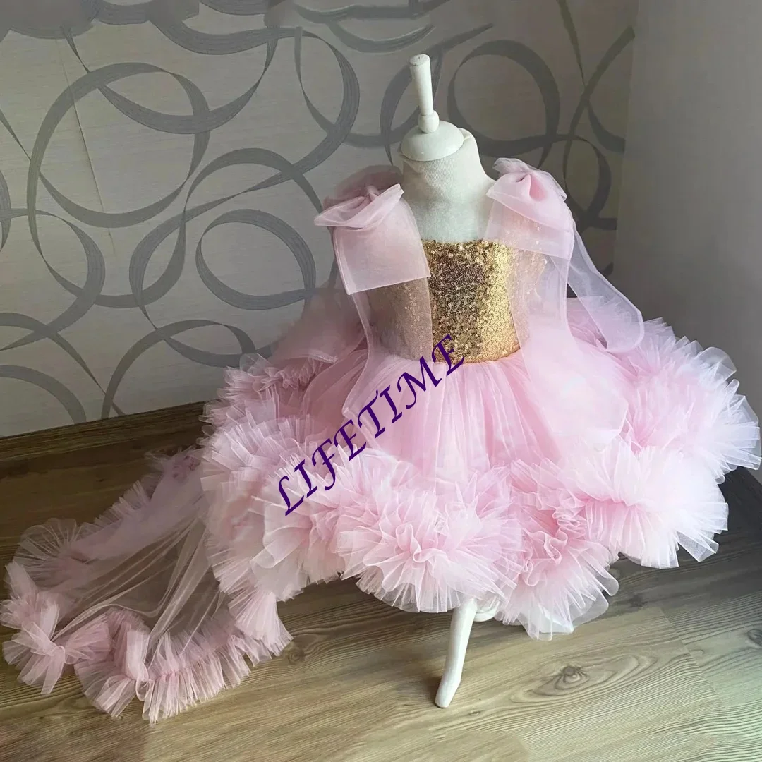 Abito da ragazza di fiore rosa personalizzato per applicazioni in tulle dorato da sposa con fiocco Bella festa di compleanno per banchetti per bambine personalizzata