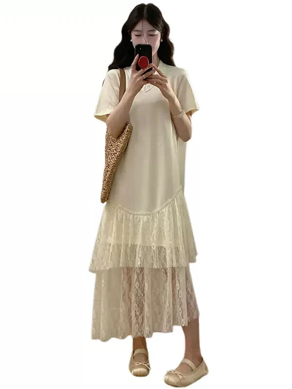 Grande taille Patchwork Dr femmes été ample minceur Ele coréen Sle H-Line longue Sve ronde Ne ort Sve T-shirt...