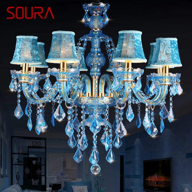 

SOURA Blue Style Crystal Pendent Lamp European Candle Art Lamp Living Room Restaurant Bedroom Net KTV Chandelier