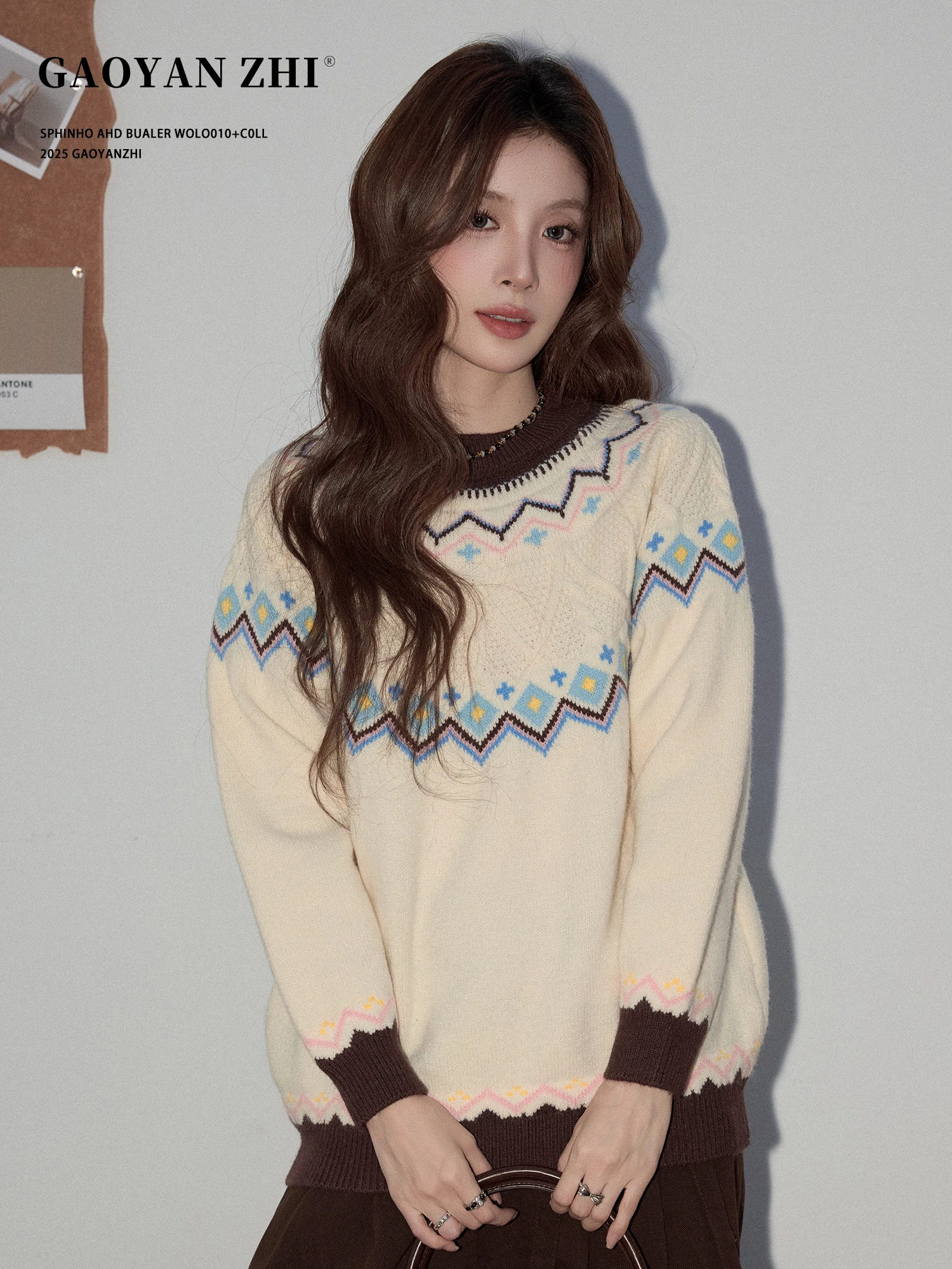 

Вязаный свитер Gao Yan Zhi в стиле Fair Isle, ретро, с круглым вырезом, женский, свободный, мягкий, осенне-зимний, модный, в стиле Lazy Sle Top