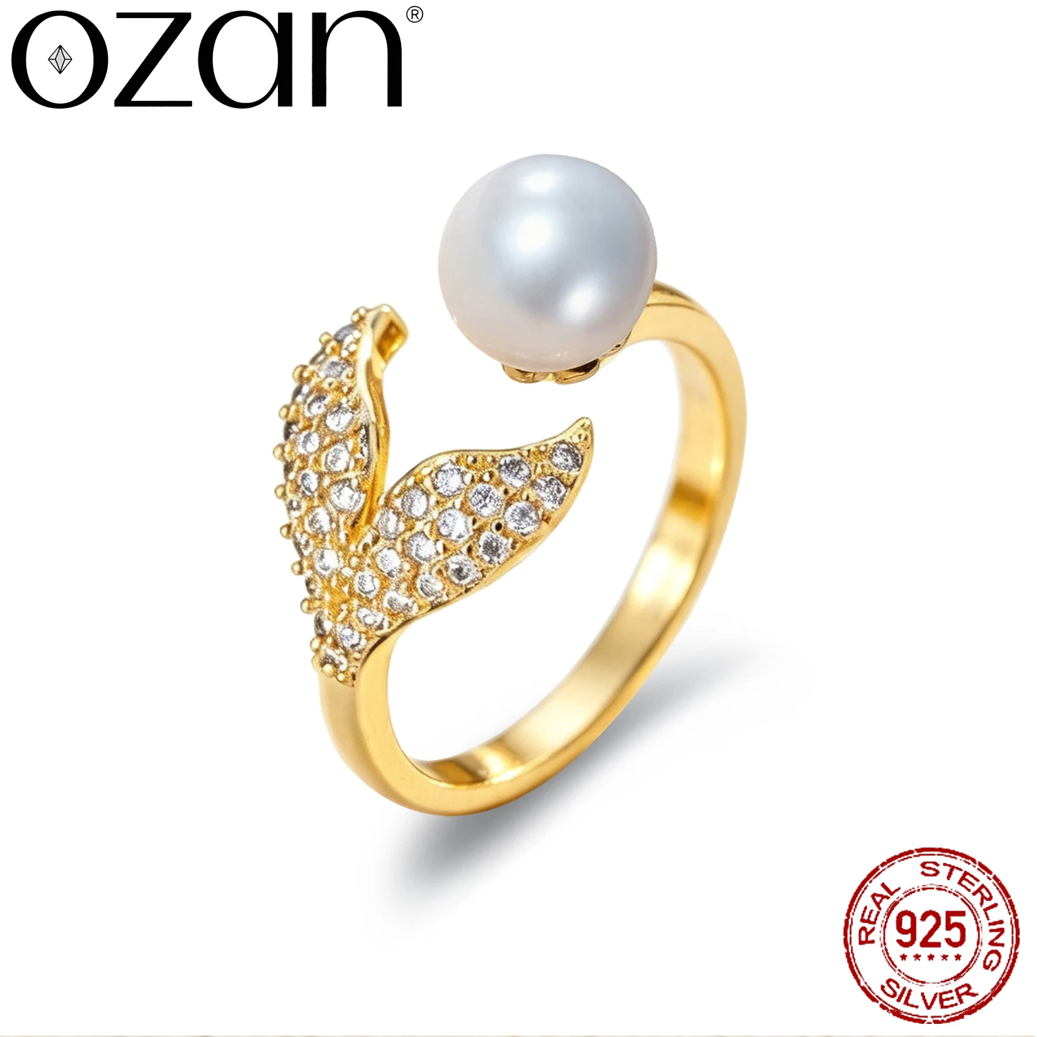 OZAN Natural Fresh Water Pearl 925 Sterling Silver Open Ajustable Ring Fish Tail 18K Yellow Gold Plated Trendy Gemstone Jewelry