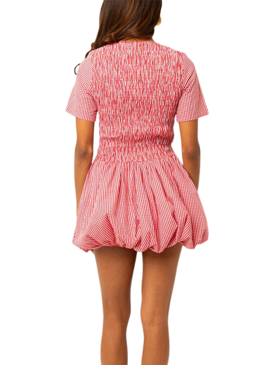 Damen Sommer Minikleid Rosa Kurzarm O Neck Fit Puffball Plaid Kleid