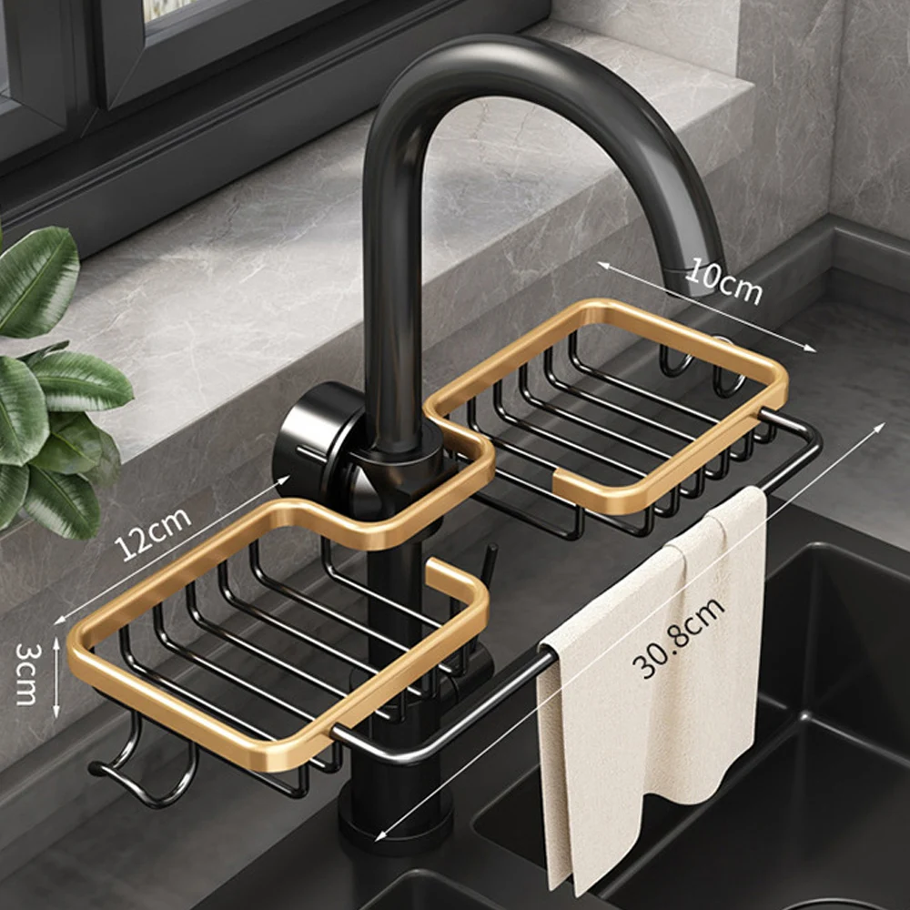 Double Slot Sink Drain Rack Sponge Storage Soap Drainer Shelf Basket Organizer Space Aluminum Faucet Holder Rag Holder