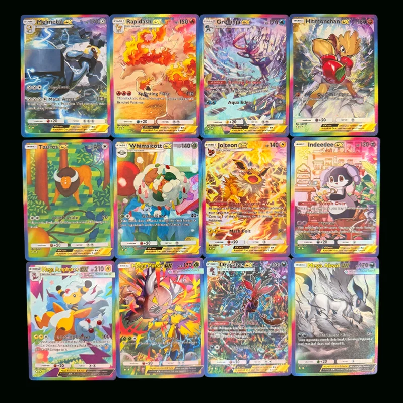 12 Style Diy PKM Tcg Pocket English Card Jolteon Mega EX Indeedee Hitmonchan Rapidash Mega-Rising Collection Flash Card
