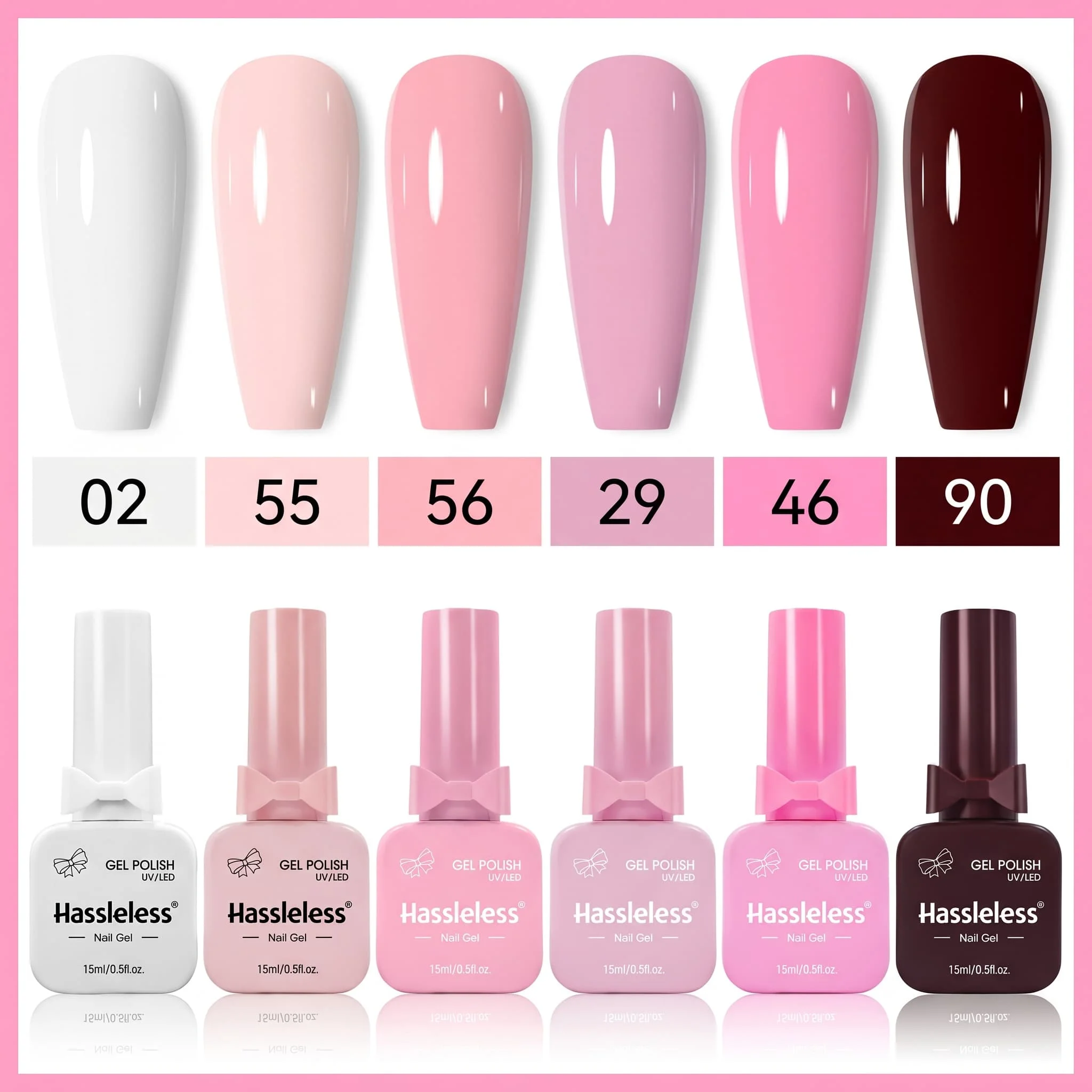 Hassleless Basic Versatile 6-Piece Gel Polish Set, with a mirror-like shine, even color application, smooth and fine texture, long-lasting durability, salon-grade gel polish