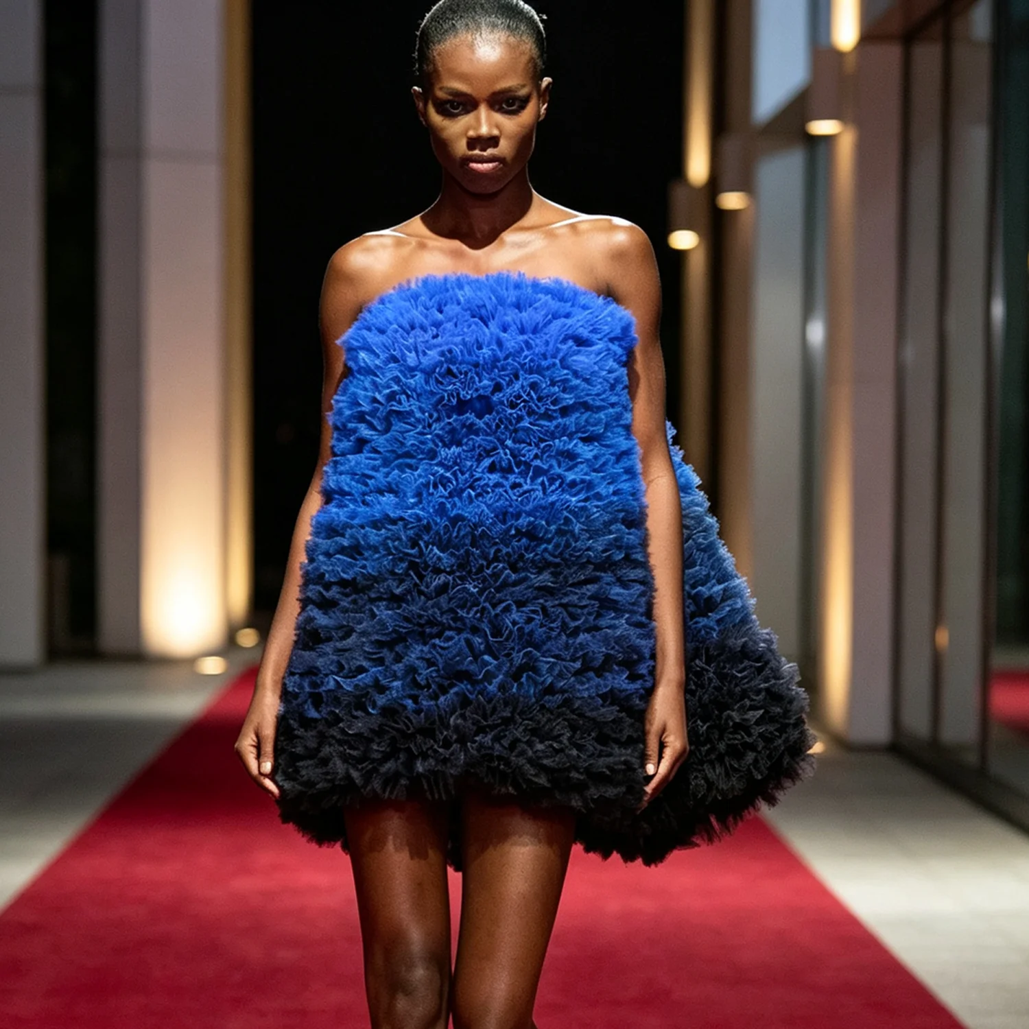 Ombre Blue Black Strapless Mini Evening Dress Voluminous Ruffled Tulle Puffy Bubble Silhouette Short Gown for Fashion Runway Sho