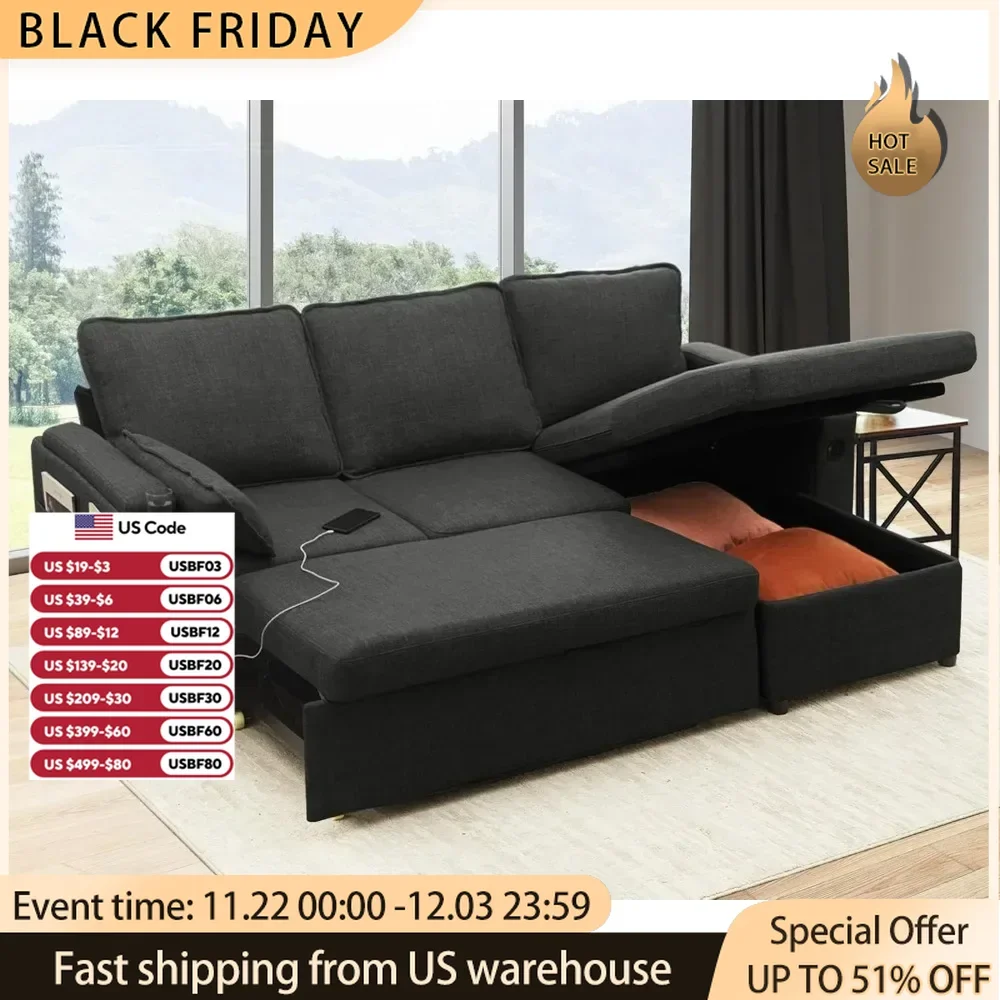 

Sofa Bed Pull Out Couch Sleeper with Double Storage Chaise,U Shaped Convertible Sectional with USB Charging Ports,Cup Holder