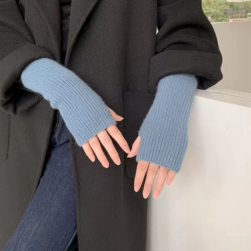 Winter Women Men Warm Fingerless Mitten Knitted Wool Gloves Solid Color Stretch Mittens Exposed Finger Short Cashmere Glove