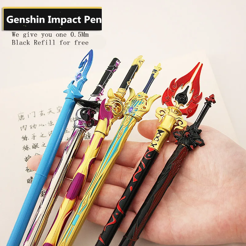 Wholesale 10PCS/Lot Game Genshin Impact Cosplay Weapons Sword Model Pen Metal Black Ink Pens Cosplay Prop Kids Student Gifts