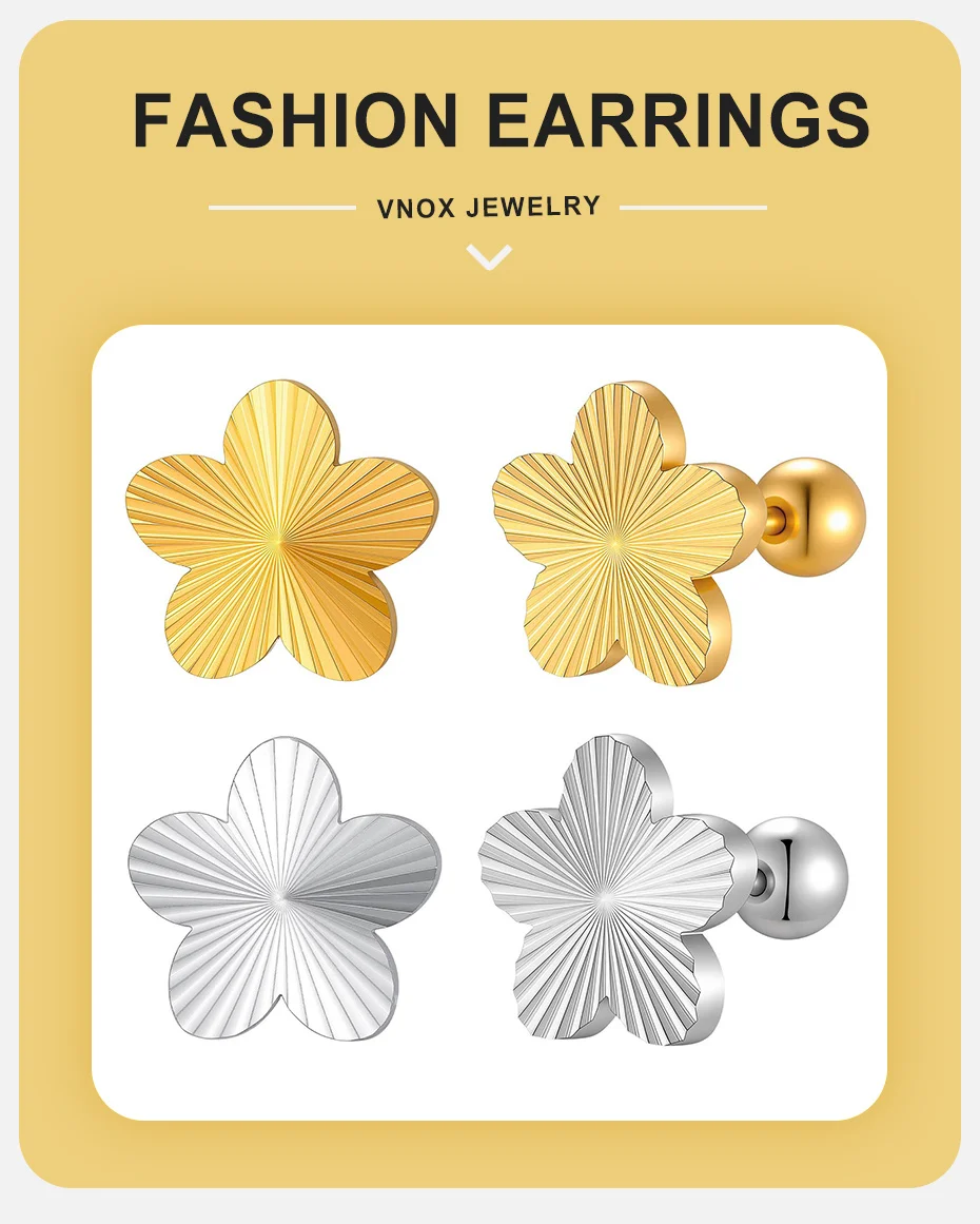 Vnox Trendige Strukturierte Blumen-Ohrstecker für Damen, Edelstahl, vergoldet, mit Schraubverschluss, Blumen-Ohrringe, Alltagsschmuck – Detail 1