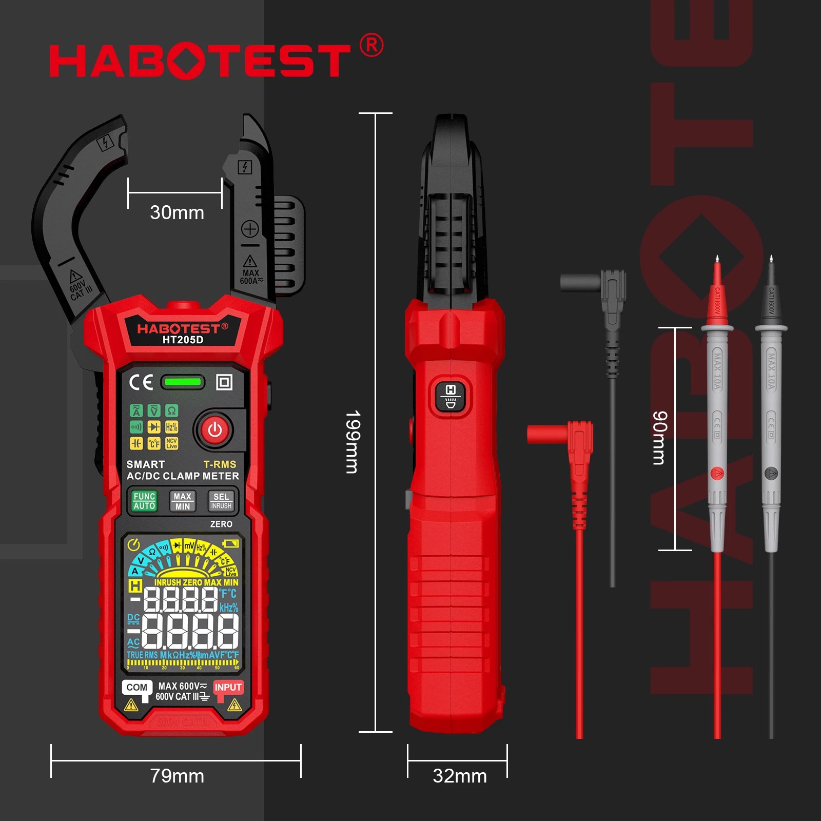 HABOTEST HT205 Inrush Clamp Meter 600A True RMS AC/DC Current Amp Meter Measures Current Voltage Temperature Capacitance Tester