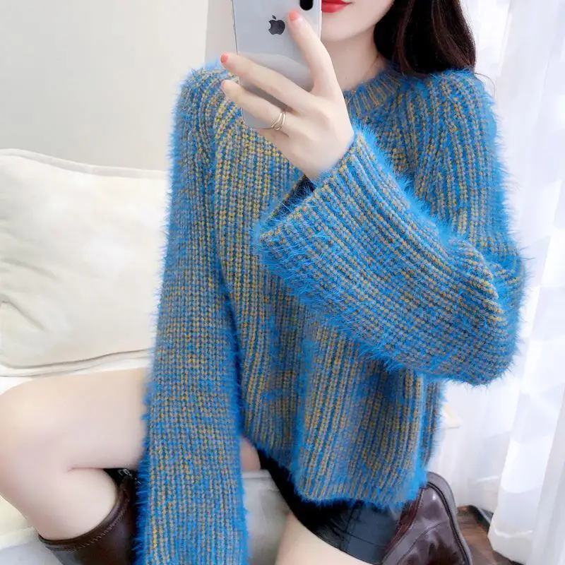 Autumn Winter New Women\'s Pullovers Solid Color Crew Neck Versatile Mink Plush Sweater Fashion Loose Commute Long Sleeve Tops