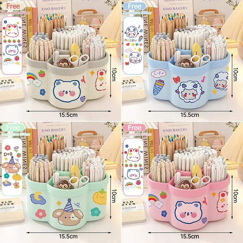 6 Compartment Cartoon Rotating Pen Organizer Desktop High Capacity Storage Pen Holder For School Office Storage Box