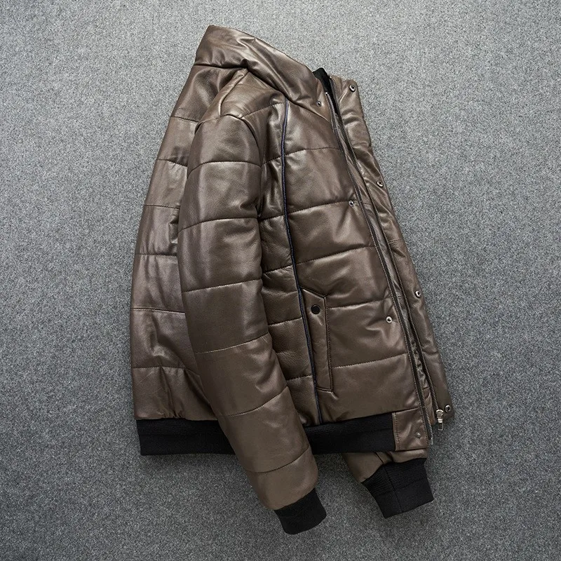 This short light coffee-colored cotton with a stand-up collar for warmth is made of thick pure leather and