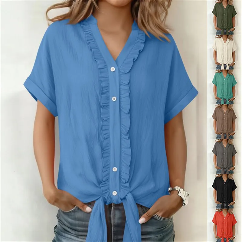

Cotton Linen Shirts Women Blouses 2026 Summer Button Down Short Sleeve Top Ruffled Hem V-Neck Casual Loose Tie Knot Beach Blouse