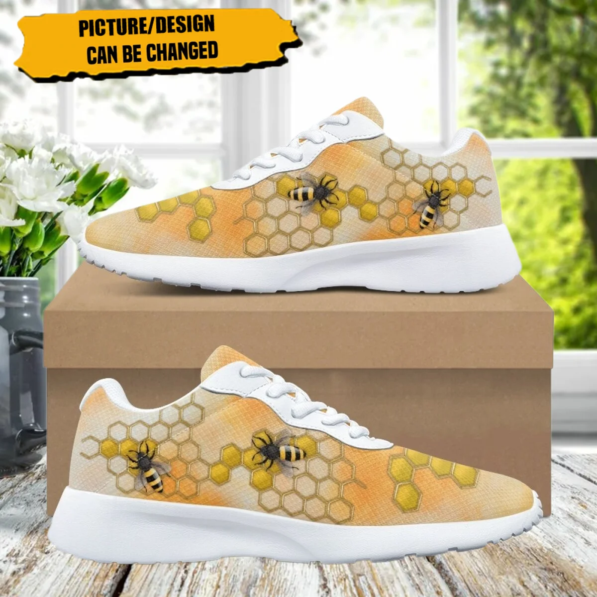 New Cartoon Bee Honey Pattern Women Sneakers Flats Breathable Comfortable Ladies Sport Outdoor Running Shoes Athletic Gym Shoes