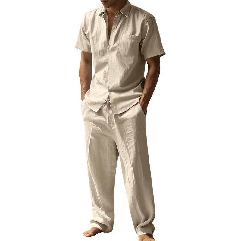 Summer Linen Lapel Short-Sleeved Shirt Set Men's Casual Trousers Two-Piece Set