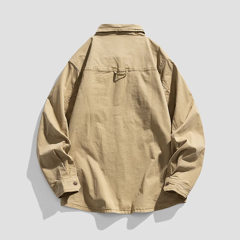Spring Autumn Hot Sale Mens Versatile Retro Style Workwear Shirt Multiple Pockets Simple Collar Top Fashionable Outerwear