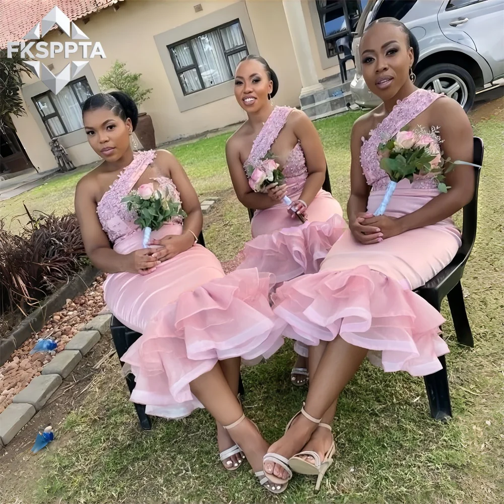 Pink Short Mermaid Bridemaid Dresses One Shoulder Tea Length Beading Appliques Satin Black Women Maids Of Honor Gowns Cheap